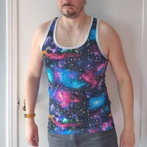 Andrew Christian tank space planets stars galaxy print silver Medium Large NWT